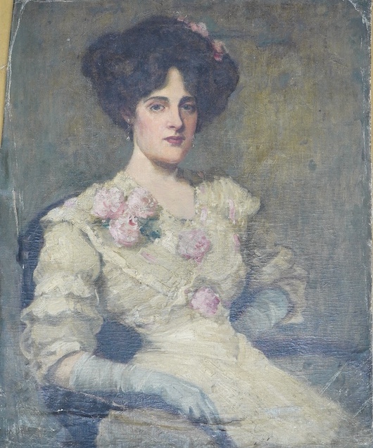 Early 20th century, English school, oil on unstretched canvas, Portrait of a lady, unsigned, 75 x 60cm. Condition - fair